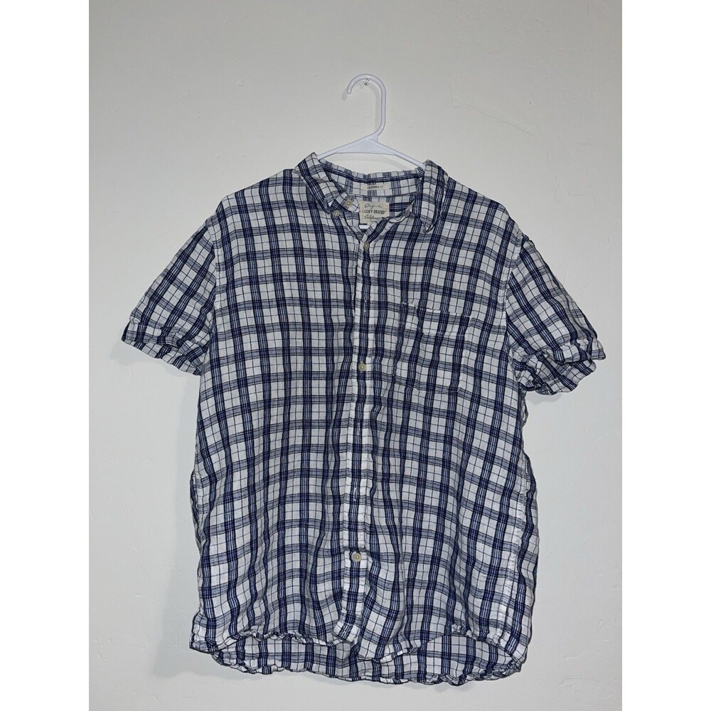 Lucky Brand Short Sleeve Button Up Shirt Blue Plaid, Men's Size XL Cotton Blend